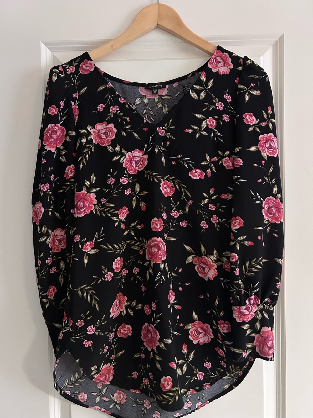 Dynamite Black Long-Sleeve V-Neck Dress with Pink Rose Print - Picture 2 of 3